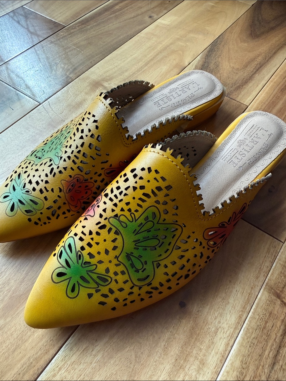 Yellow Floral Cutout Slip-On Mules with Green & Coral Accents